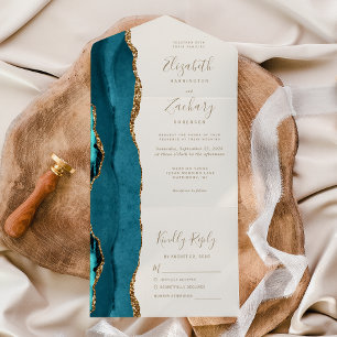 Modern Teal Blue Gold Agate Ivory Wedding All In One Invitation