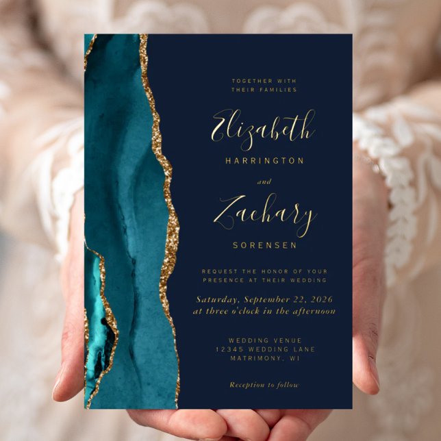 Modern Teal Blue Gold Agate Navy Blue Wedding Foil Invitation (Creator Uploaded)