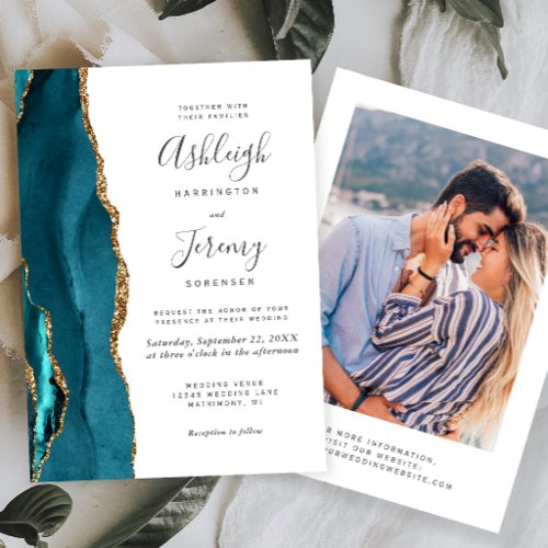 Modern Teal Blue Gold Agate Photo Wedding Invitation