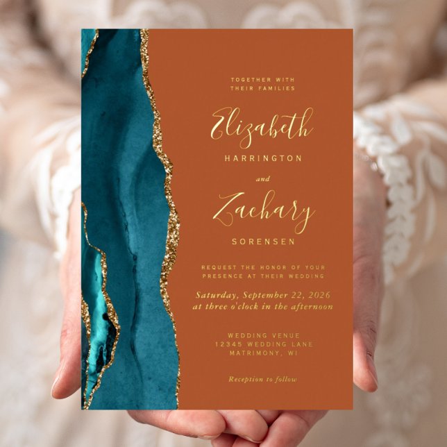 Modern Teal Blue Gold Agate Rust Wedding Foil Invitation (Creator Uploaded)