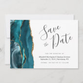 Modern Teal Blue Gold Agate Save the Date Card (Front)