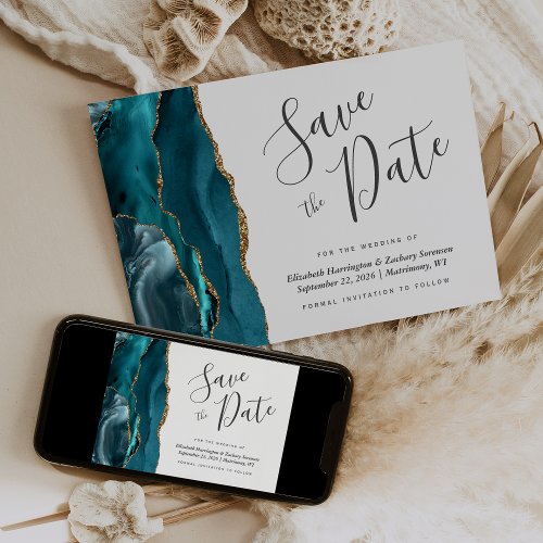 Modern Teal Blue Gold Agate Save the Date Card