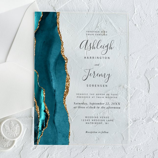 Modern Teal Blue Gold Agate Wedding Acrylic Invitations (Creator Uploaded)