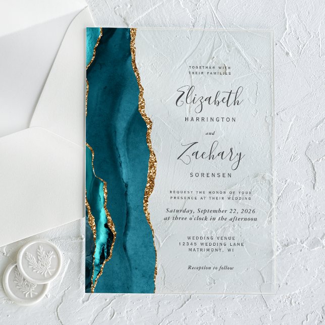 Modern Teal Blue Gold Agate Wedding Acrylic Invitations (Creator Uploaded)