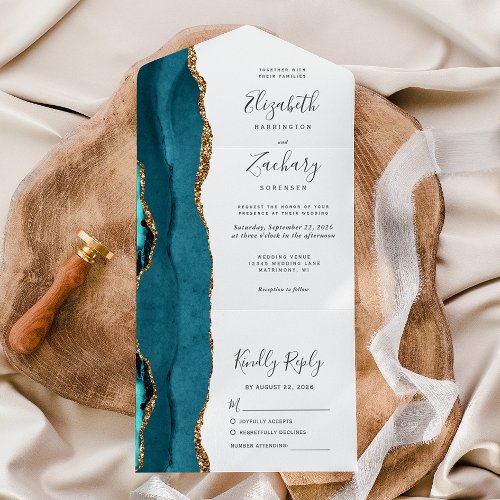 Modern Teal Blue Gold Agate Wedding All In One Invitation