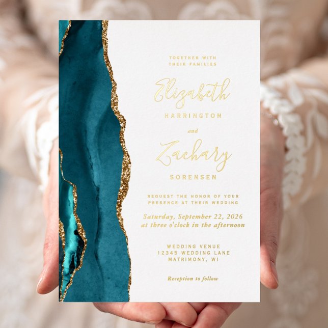 Modern Teal Blue Gold Agate Wedding Foil Invitation (Creator Uploaded)