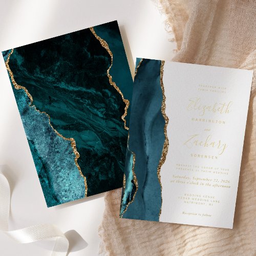 Modern Teal Blue Gold Agate Wedding Foil Invitation