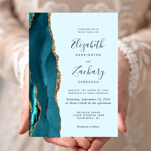 Modern Teal Blue Gold Agate Wedding Invitation