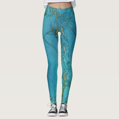 Modern Teal Blue Gold Foil Marble  Pattern  Leggings