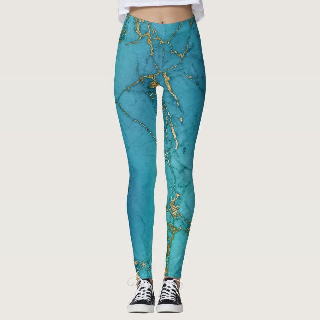 Modern Teal Blue Gold Foil Marble  Pattern  Leggings (Front)