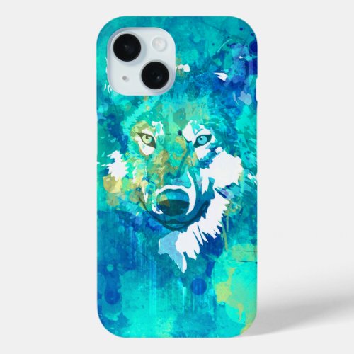 Modern teal blue green watercolor wolf iPhone 15 case