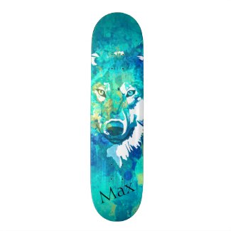 Modern teal blue green watercolor wolf skateboard