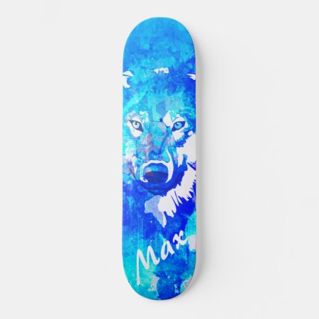 Modern Teal Blue Green White Watercolor Wolf Skateboard