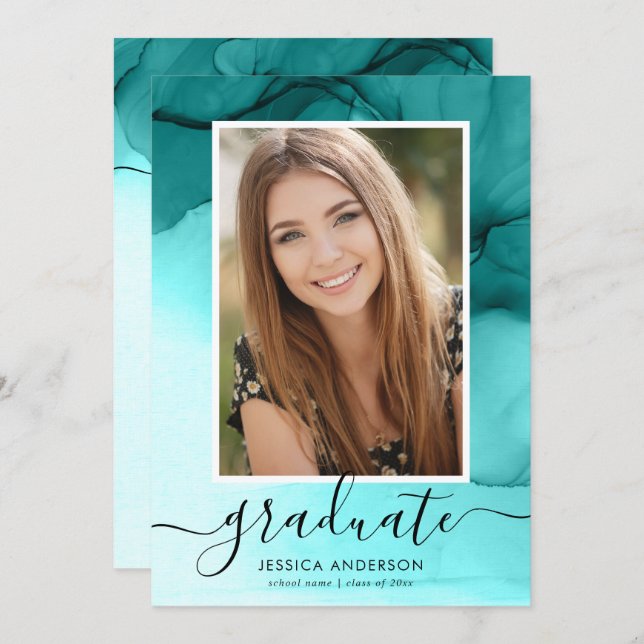Modern Teal Blue Ink Graduation Party Photo Invitation (Front/Back)