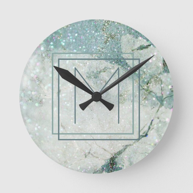 Modern Teal Blue Marble Framed Monogram Round Clock (Front)