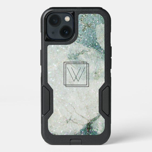 Modern Teal Blue Marble Geometric Frame Monogram Otterbox iPhone Case (Back)