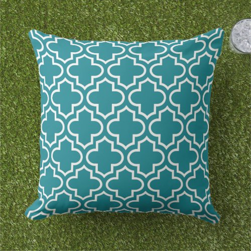 Modern Teal Blue Moroccan Quatrefoil Pattern Outdoor Pillow