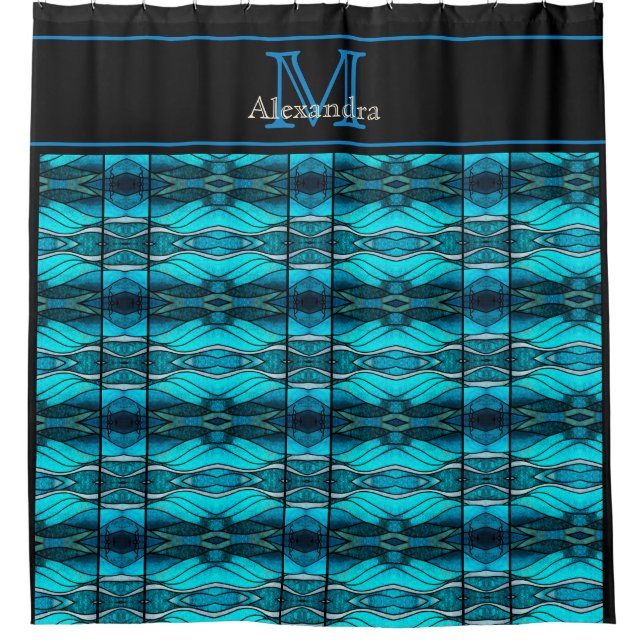 Modern Teal Blue Ocean Beach Waves Stain Glass Shower Curtain (Front)