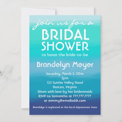 Modern Teal Blue Ocean Bridal Shower Invitations