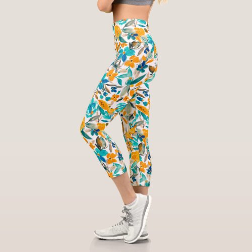Modern teal blue orange floral watercolor pattern capri leggings