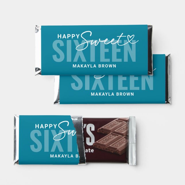 Modern Teal Blue Personalized Sweet 16 Birthday Hershey Bar Favors (Front)
