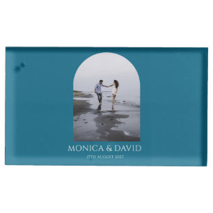 Modern Teal Blue Photo Minimalist Wedding Place Card Holder