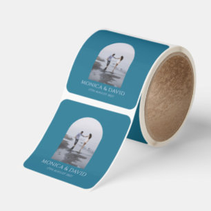 Modern Teal Blue Photo Minimalist Wedding Square Sticker