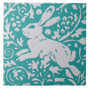 Modern Teal Blue Rabbit Leaping Bunny Nature Decor Ceramic Tile