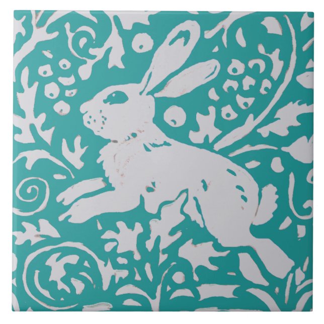 Modern Teal Blue Rabbit Leaping Bunny Nature Decor Ceramic Tile (Front)