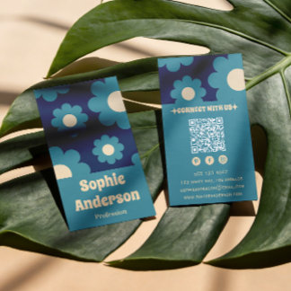 Modern Teal Blue Retro Floral Pattern with QR Code Business Card