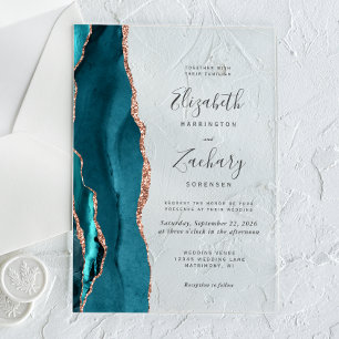 Modern Teal Blue Rose Gold Agate Wedding Acrylic Invitations