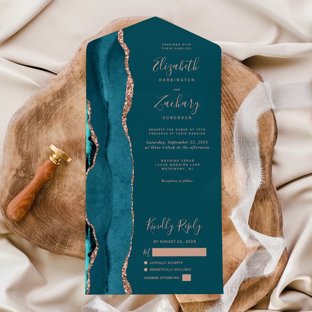 Modern Teal Blue Rose Gold Agate Wedding All In One Invitation (Creator Uploaded)