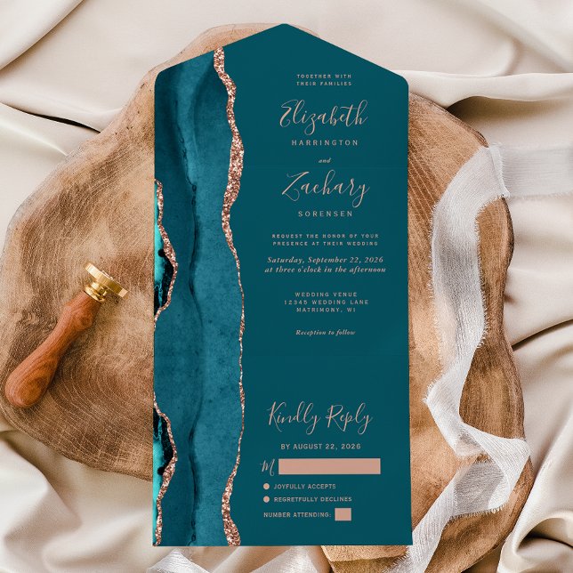 Modern Teal Blue Rose Gold Agate Wedding All In One Invitation (Creator Uploaded)