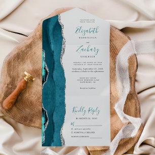 Modern Teal Blue Silver Agate Gray Wedding All In One Invitation