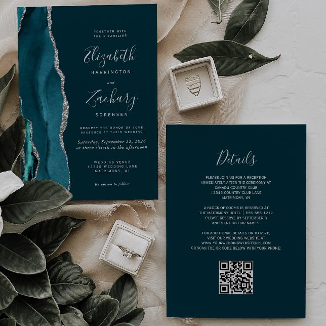 Modern Teal Blue Silver Agate QR Code Wedding Invitation (Creator Uploaded)
