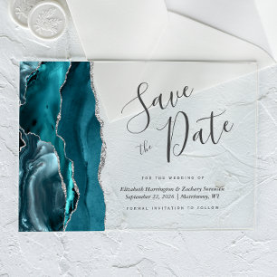 Modern Teal Blue Silver Agate Save the Date Card