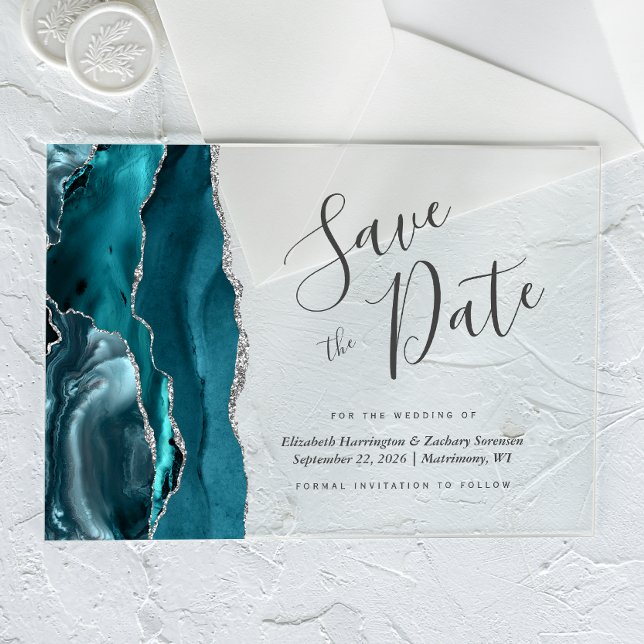 Modern Teal Blue Silver Agate Save the Date Card (Creator Uploaded)