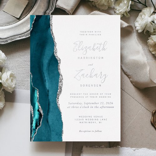 Modern Teal Blue Silver Agate Wedding Foil Invitation