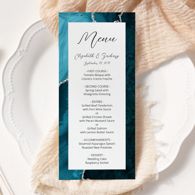 Modern Teal Blue Silver Agate Wedding Menu (Creator Uploaded)