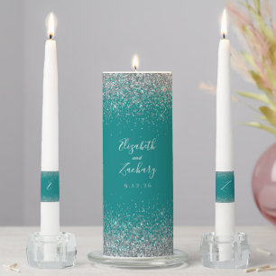 Modern Teal Blue Silver Faux Glitter Edge Unity Candle Set