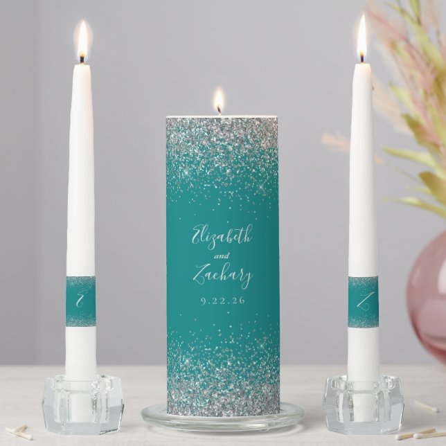 Modern Teal Blue Silver Faux Glitter Edge Unity Candle Set (In Situ)