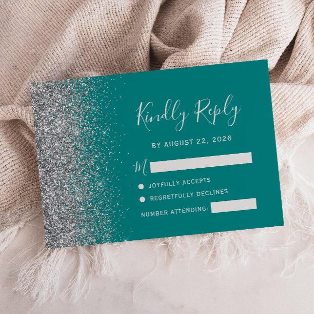 Modern Teal Blue Silver Glitter Edge RSVP Card (Creator Uploaded)
