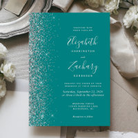 Modern Teal Blue Silver Glitter Edge Wedding