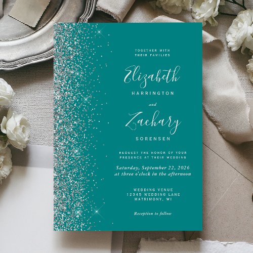 Modern Teal Blue Silver Glitter Edge Wedding Invitation