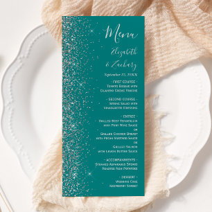 Modern Teal Blue Silver Glitter Edge Wedding Menu
