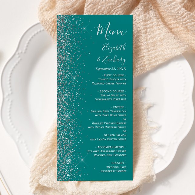 Modern Teal Blue Silver Glitter Edge Wedding Menu (Creator Uploaded)
