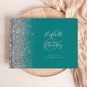 Modern Teal Blue Silver Glitter Script Guest Book