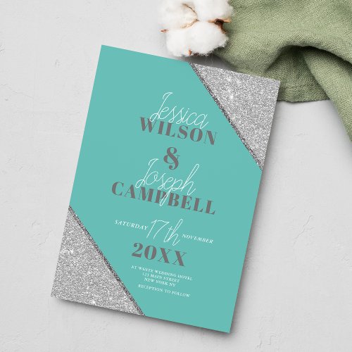 Modern teal blue silver glitter typography wedding invitation