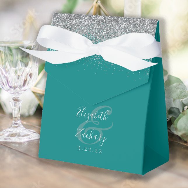 Modern Teal Blue Silver Glitter Wedding Favor Boxes (Creator Uploaded)