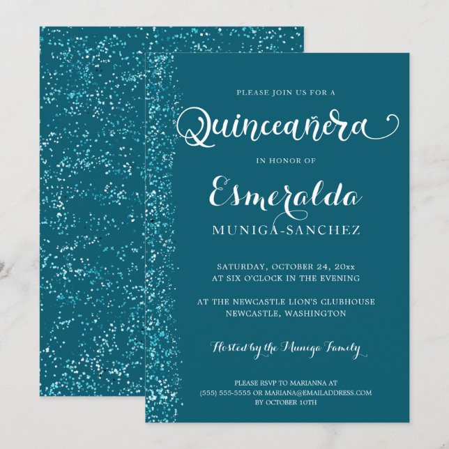 Modern Teal Blue Silver Sparkle Quinceanera Invitation (Front/Back)